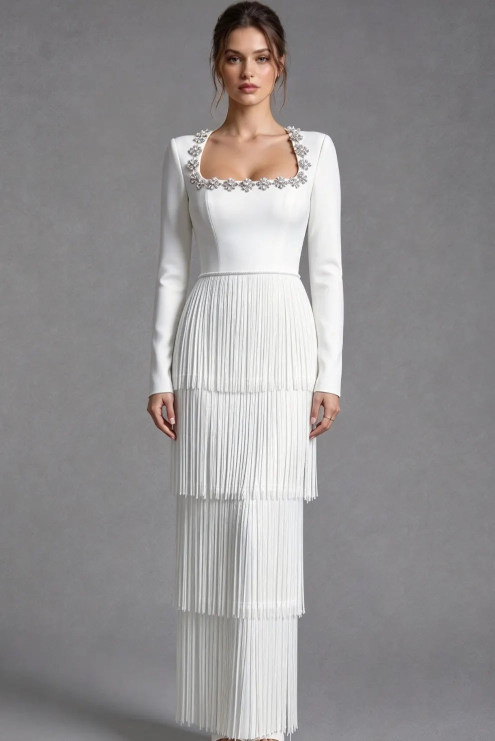 White Structured Crepe Column Gown with Tiered Fringe Flowering Girl