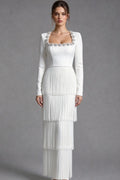 White Structured Crepe Column Gown with Tiered Fringe Flowering Girl
