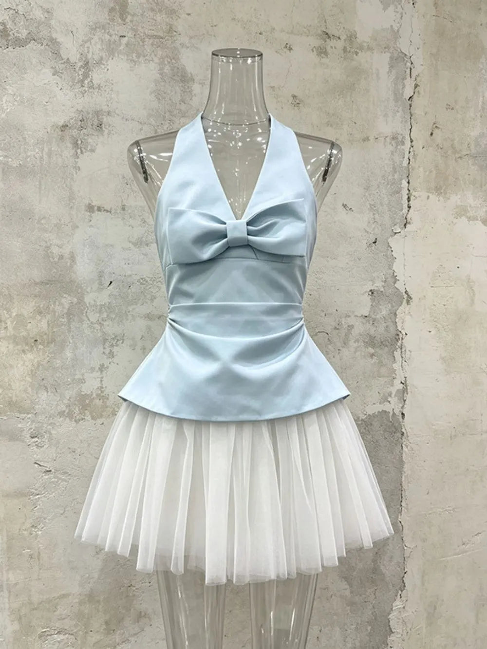 Matty Blue Halter Bow Mesh Mini Dress Flowering Girl