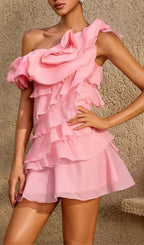 Xyrisza One Shoulder Ruffle Mini Dress Flowering Girl