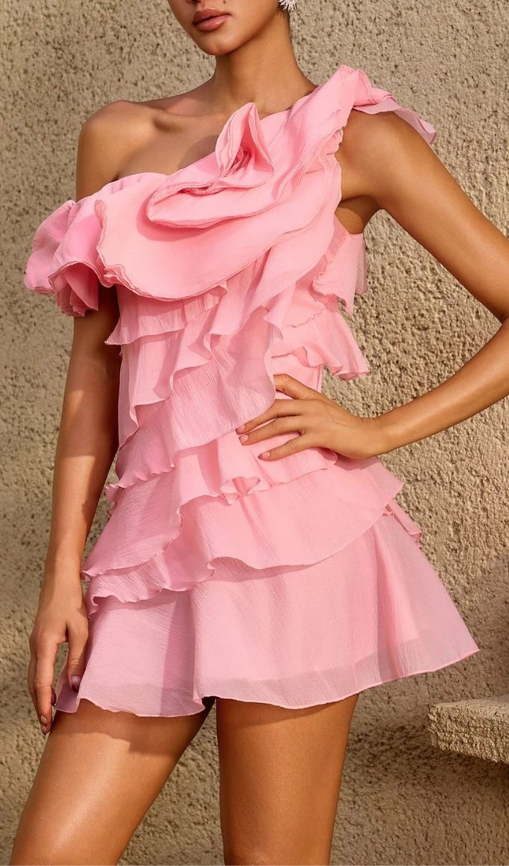 Xyrisza One Shoulder Ruffle Mini Dress Flowering Girl