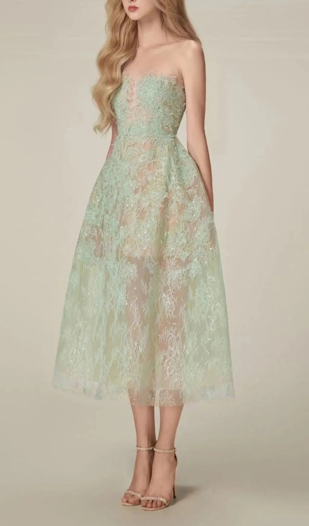 Allyson Green Floral Lace Embroider Midi Dress Flowering Girl