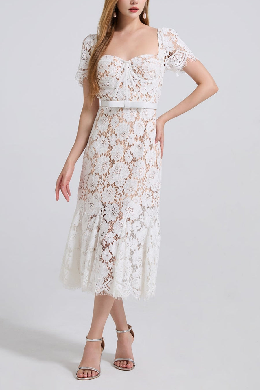 SQUARE NECK LACE MIDI DRESS IN WHITE Flowering Girl