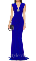 Sleeveless Deep V Neck Shirred Front Fishtail Gown Flowering Girl