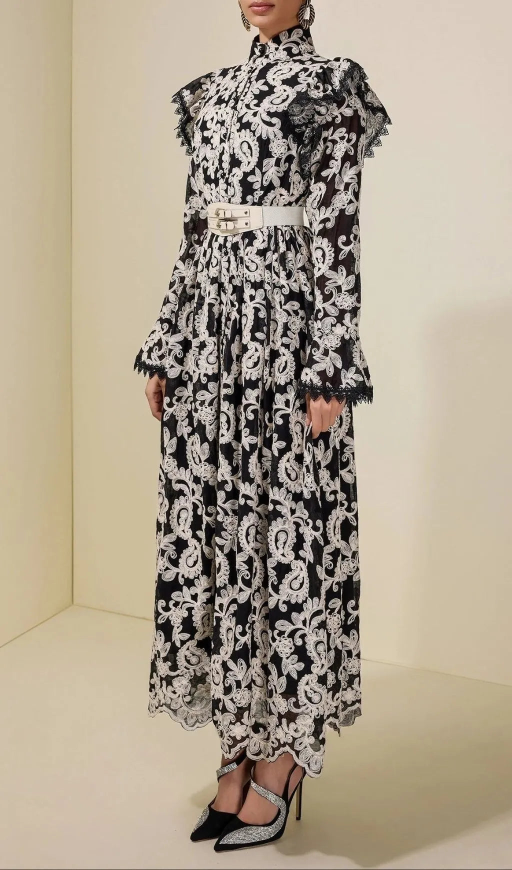 Alma Chiffon Embroidered Single Breasted Midi Dress With Belt - Black Flowering Girl