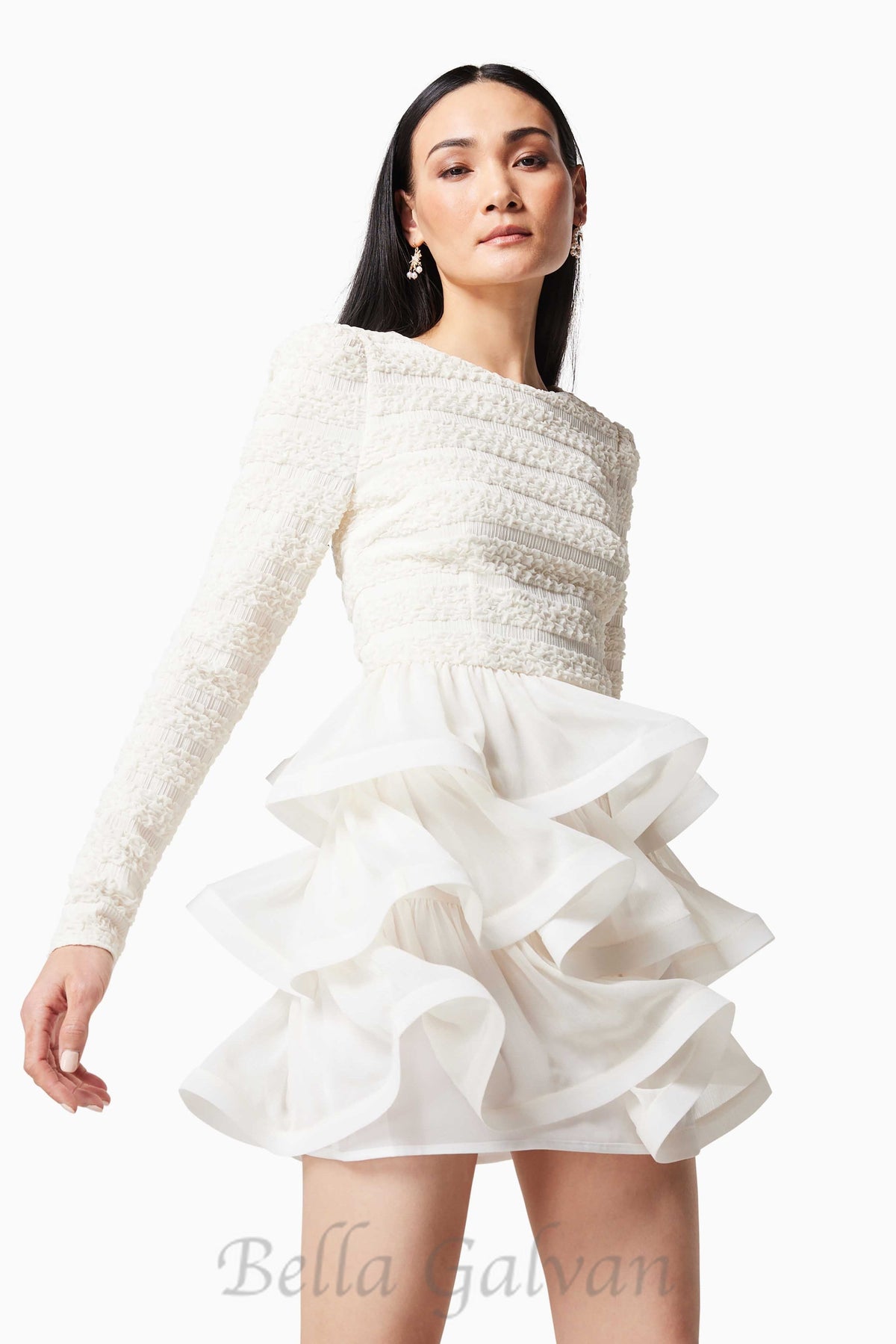 Ruffle trim Long Sleeved Mini Dress in white Flowering Girl
