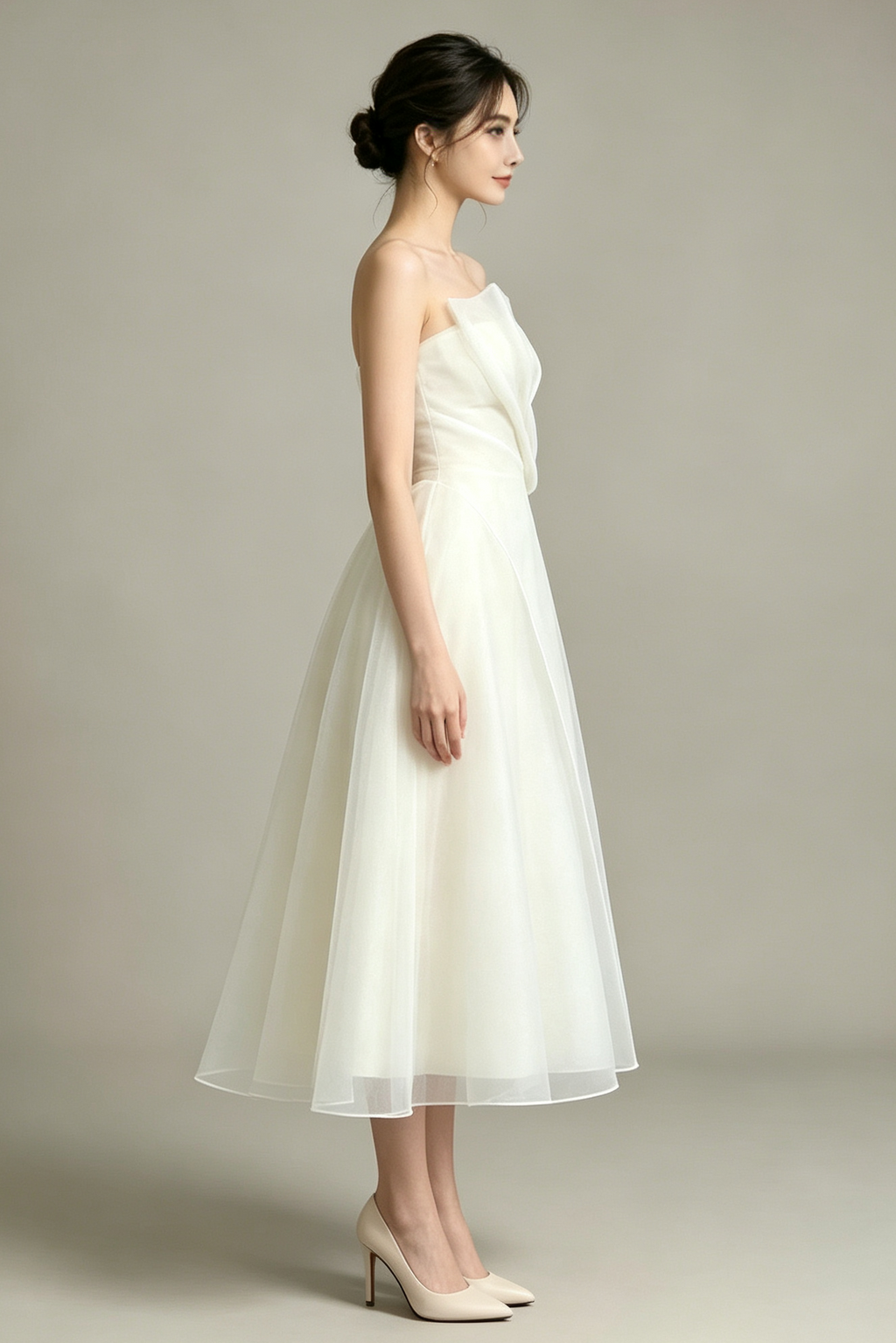 Strapless Layered Organza Midi Dress in white Flowering Girl