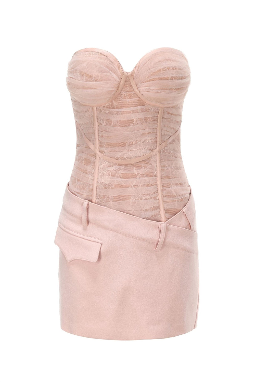 Rolyn Ruched Mesh Strapless Mini Dress - Pink Flowering Girl