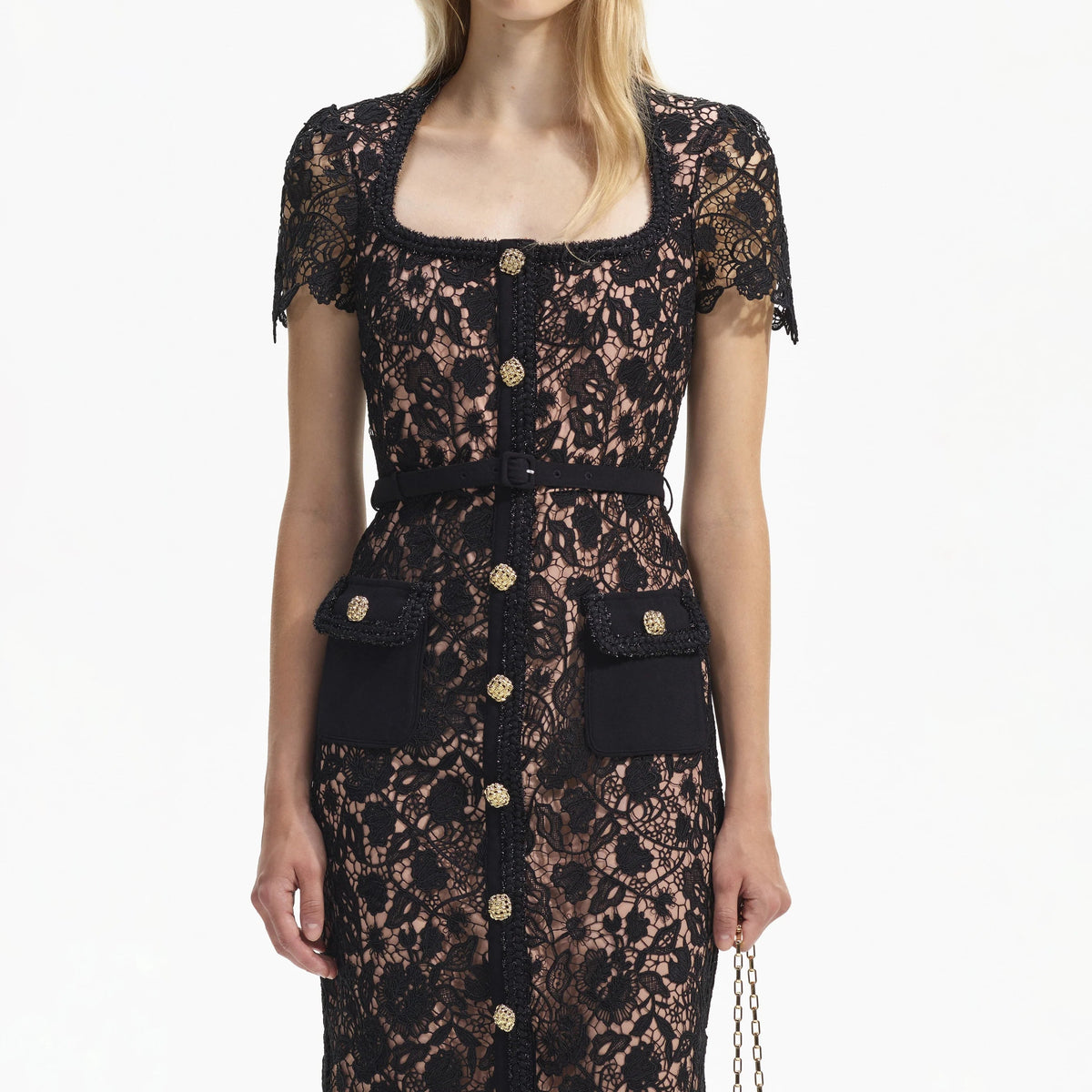 BLACK GUIPURE LACE SHORT SLEEVE MIDI DRESS Flowering Girl