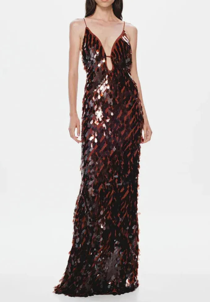 The Sequin Maxi Dress In Brown Flowering Girl