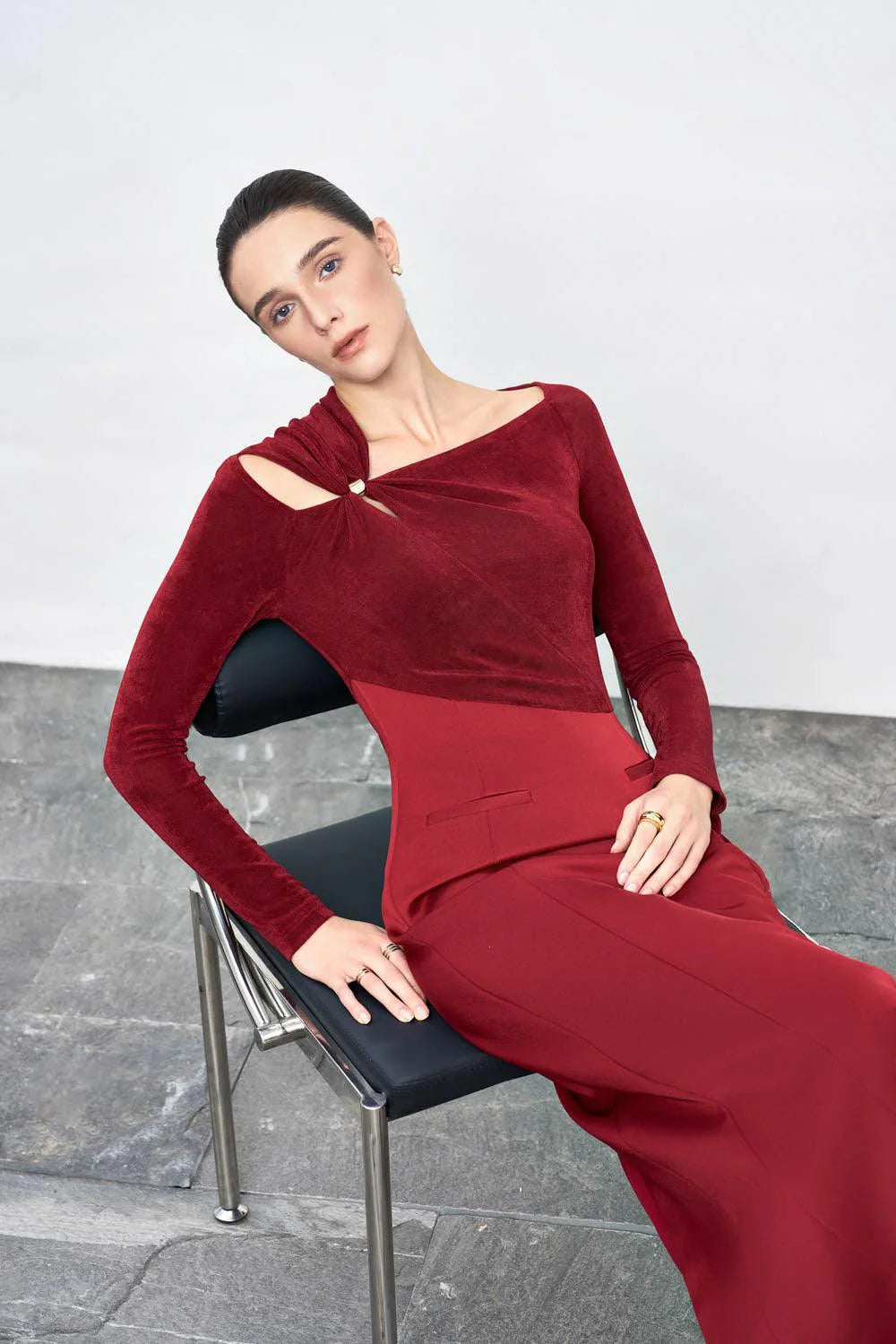 Eleanor Sheath Asymmetric Neck Taffeta Midi Dress in red Flowering Girl