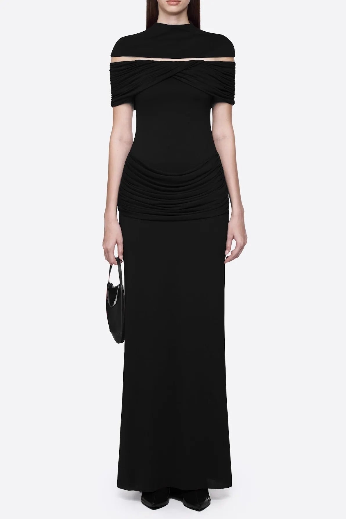 Megan Ruched Knit Patchwork Maxi Dress In Black Flowering Girl