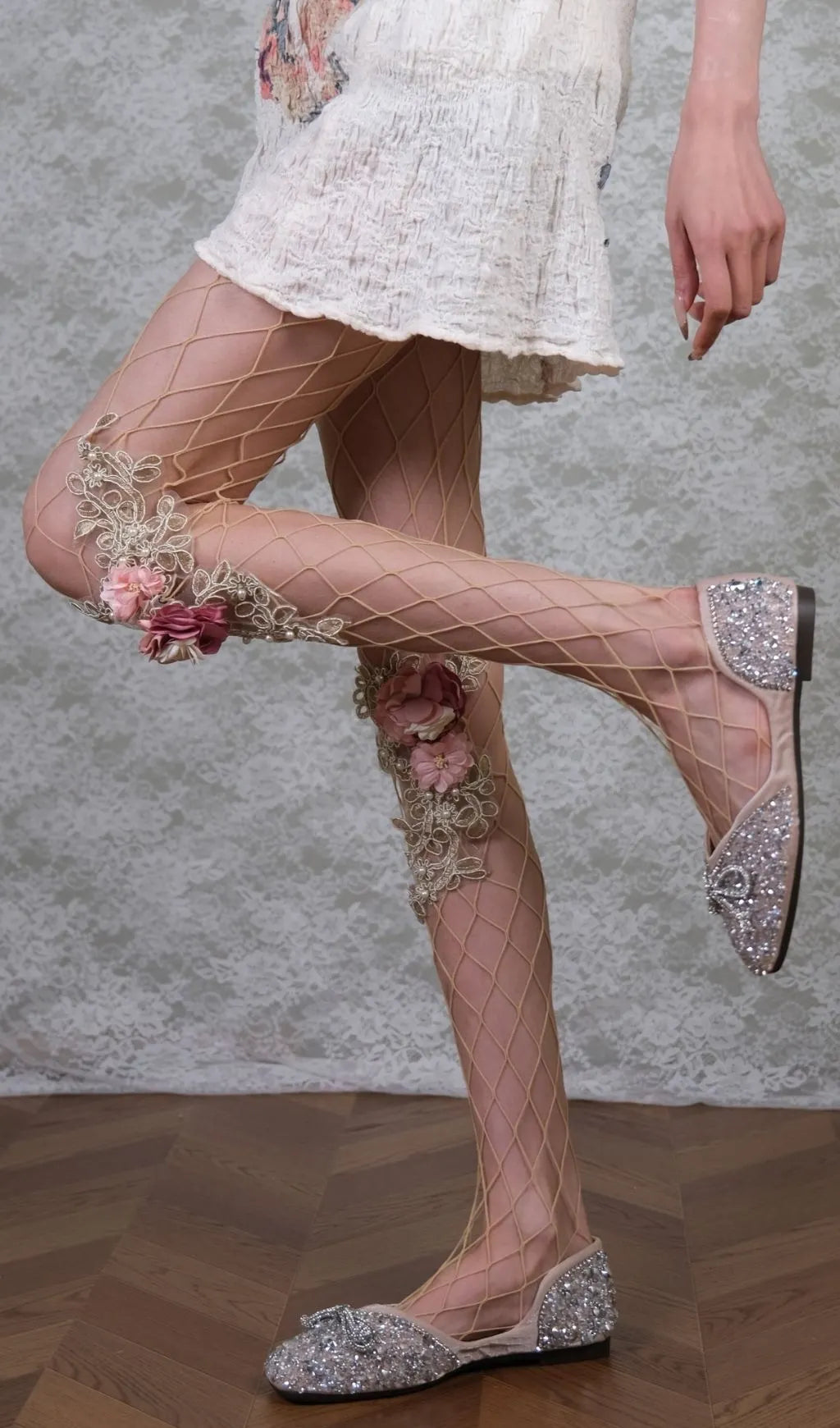 Floral Embroidered Tights With 3D Flowers & Pearls Flowering Girl