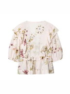 V-Neck Linen Blend Floral Shirt Flowering Girl