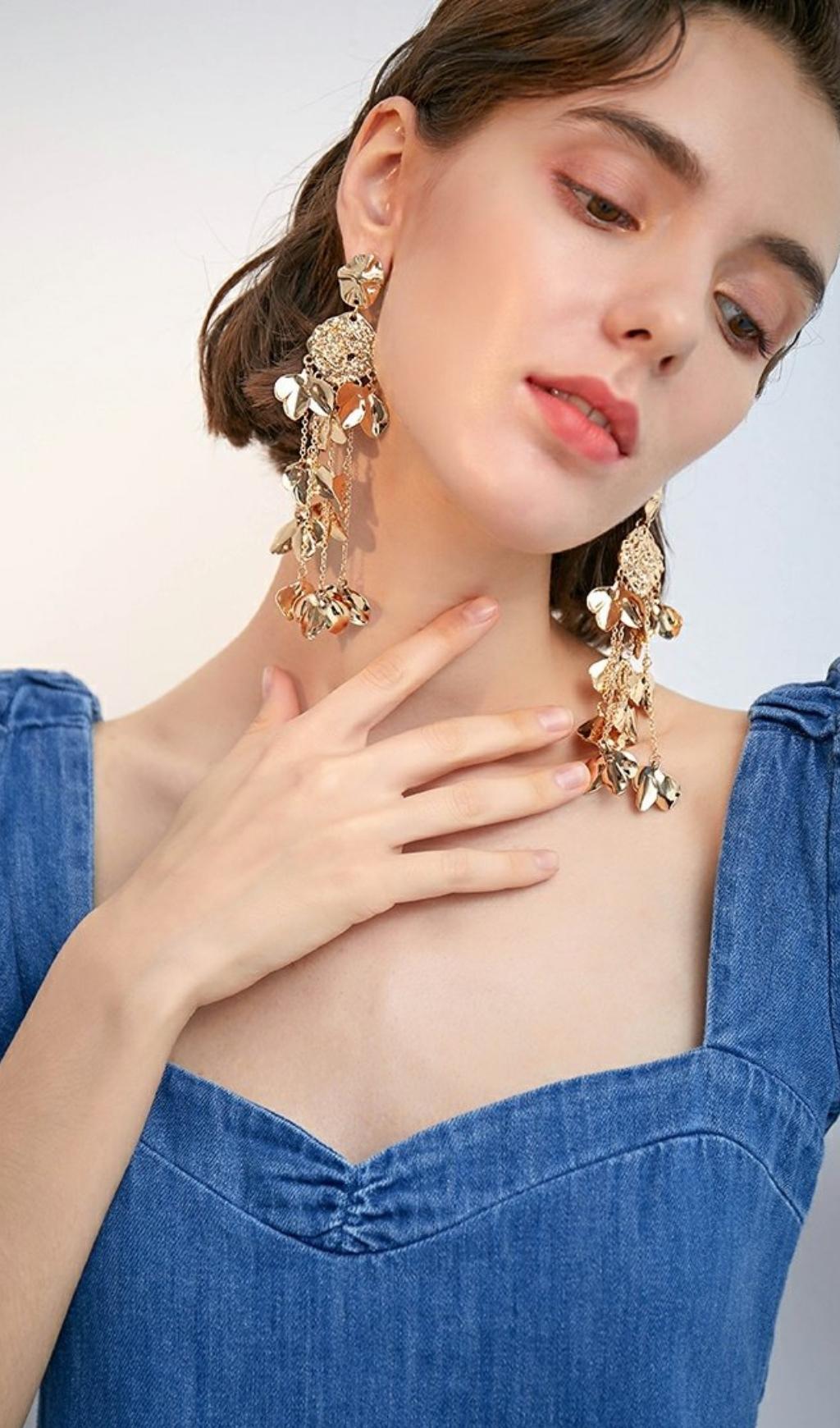 Aisling Gold Tassel Leaf Earrings Flowering Girl