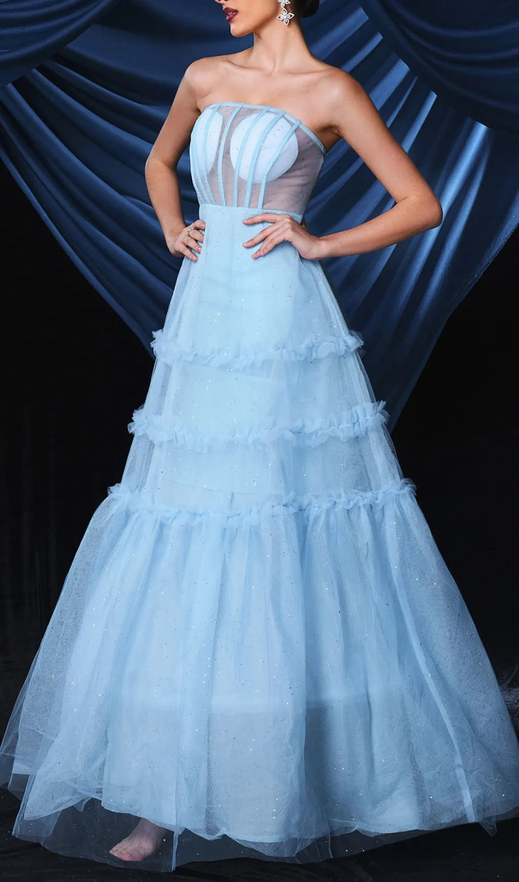 Borime Blue Corset Mesh Maxi Dress Flowering Girl