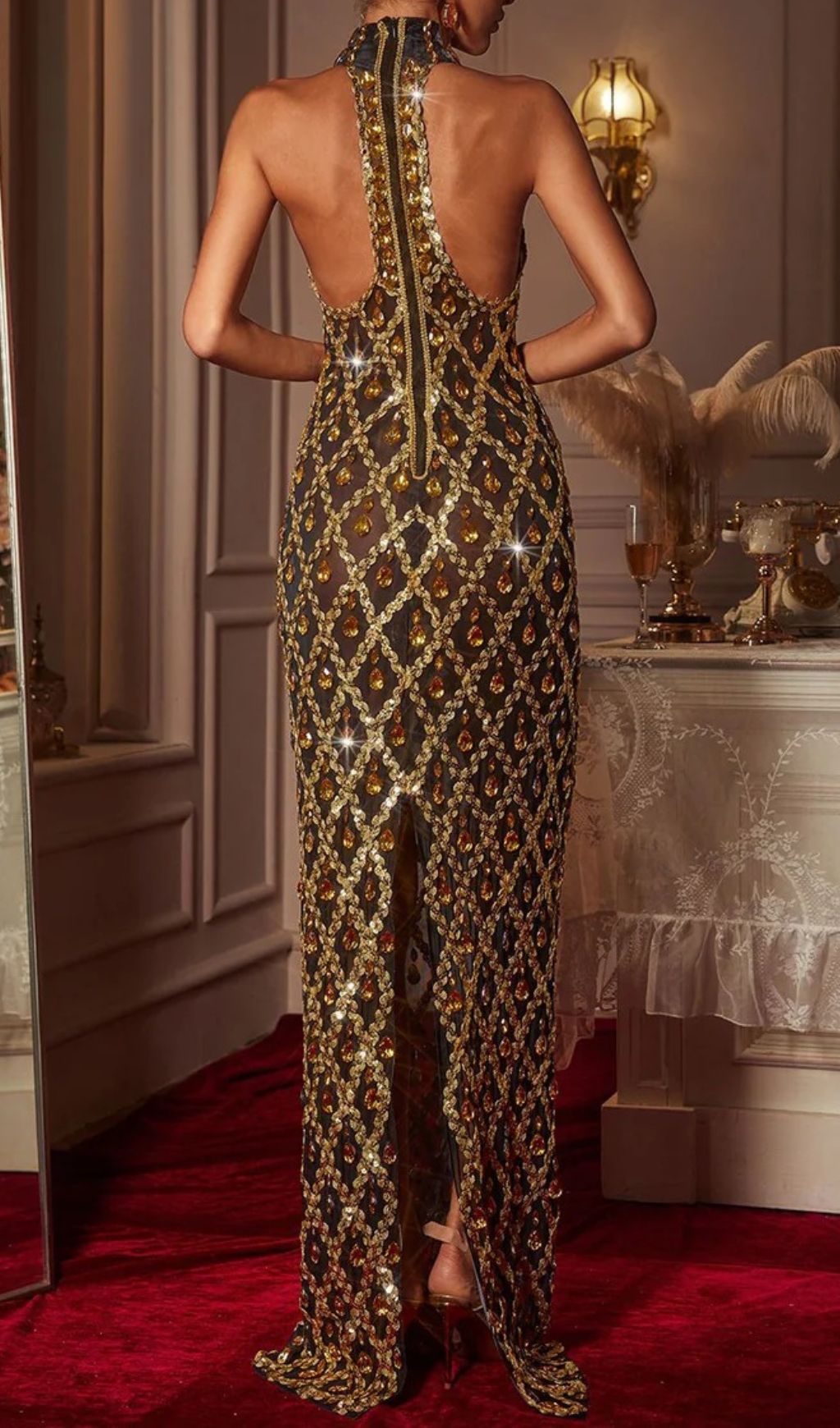 Liora Sequin Crystal Maxi Dress In Gold Flowering Girl
