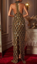 Liora Sequin Crystal Maxi Dress In Gold Flowering Girl