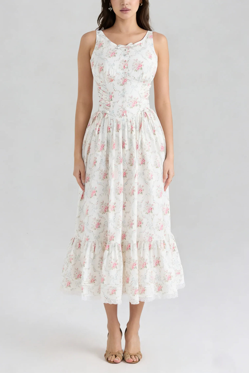 Hedy Elastic Printed Tie-Waist Midi Dress——Pink Flowering Girl