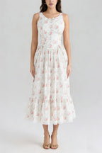 Hedy Elastic Printed Tie-Waist Midi Dress——Pink Flowering Girl