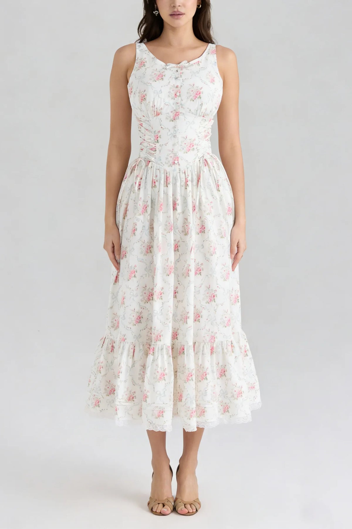 Hedy Elastic Printed Tie-Waist Midi Dress——Pink Flowering Girl