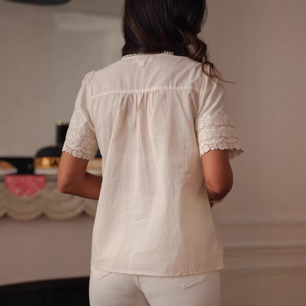 Lace Embroidered Short-Sleeved Shirt Flowering Girl