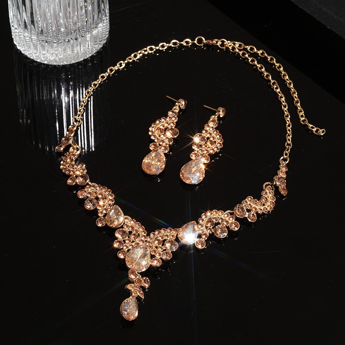 Kahlen Champagne Diamante Earrings & Necklace Flowering Girl