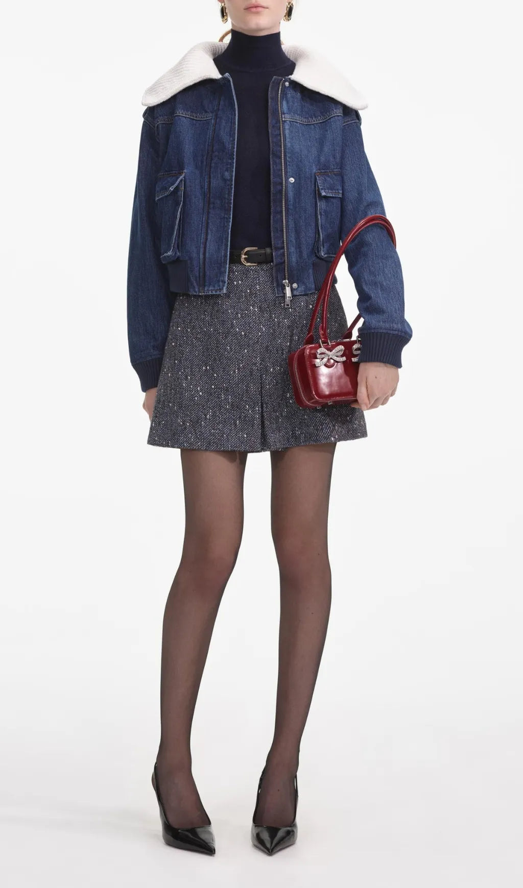 Denim Knit Collar Jacket Flowering Girl