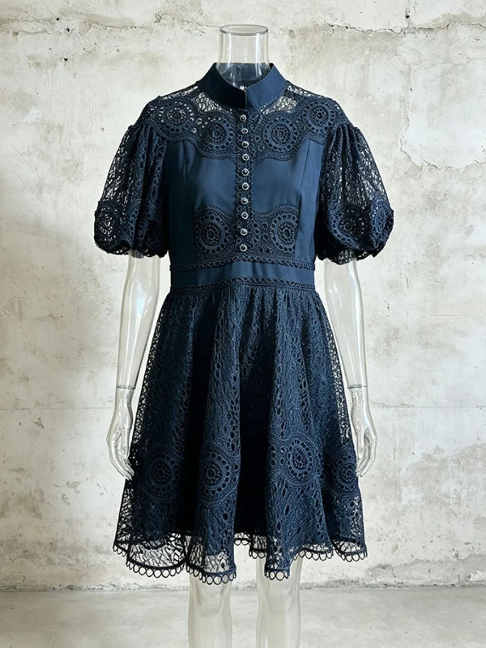 Matti Navy Puff Sleeve Embroidery Mini Dress Flowering Girl