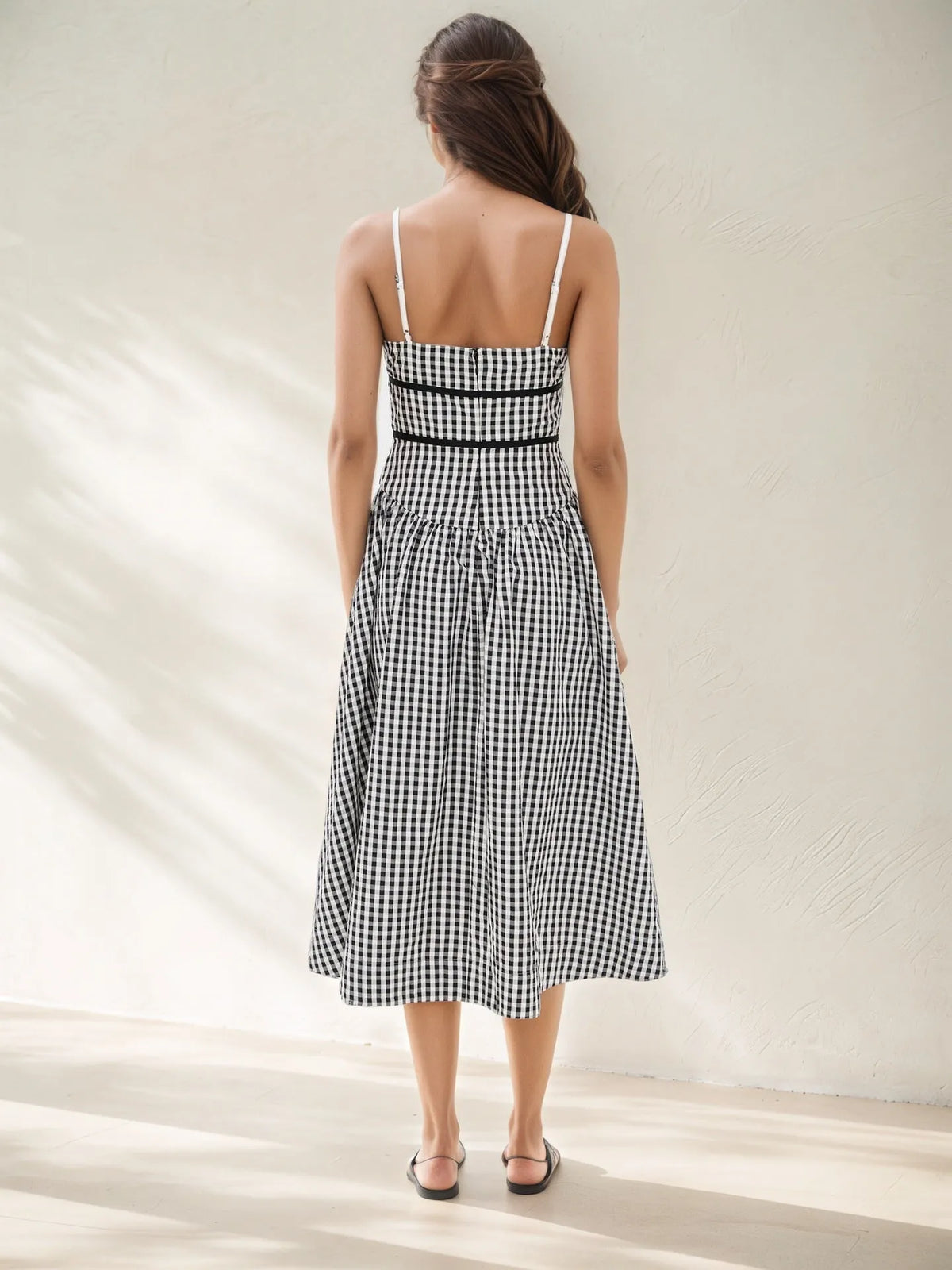 Black White Gingham Ruffle Cami Self-Tie Waist Flowy Midi Dress Flowering Girl