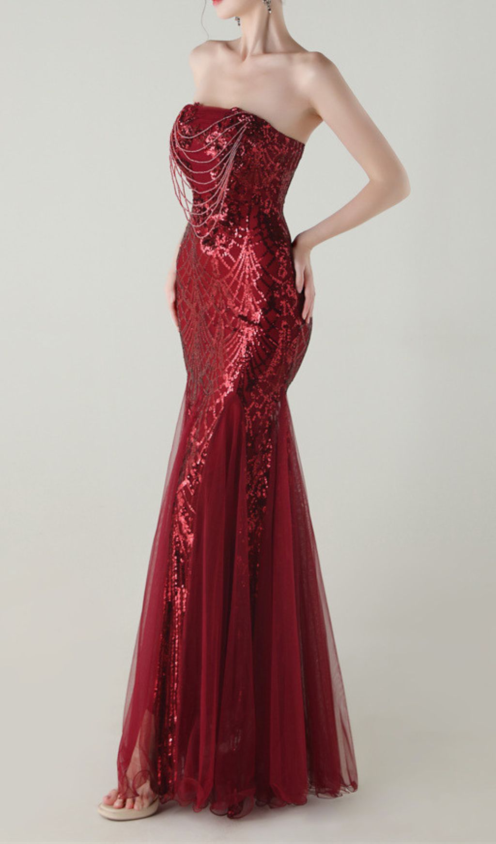 Ikuye Red Strapless Sequin Mesh Maxi Dress Flowering Girl