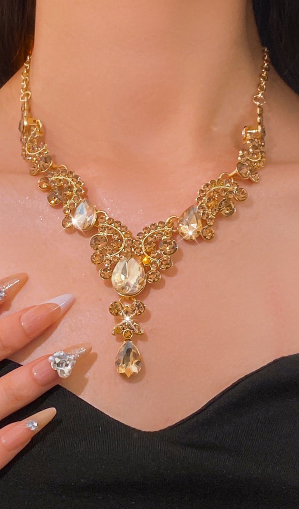 Kahlen Champagne Diamante Earrings & Necklace Flowering Girl