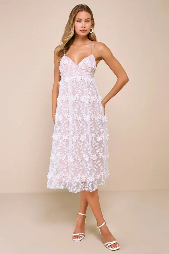 3D Floral Applique Midi Dress In White Flowering Girl