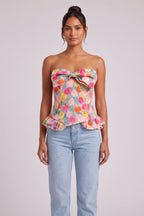 Pink Floral Strapless Corset Top with Peplum Flowering Girl
