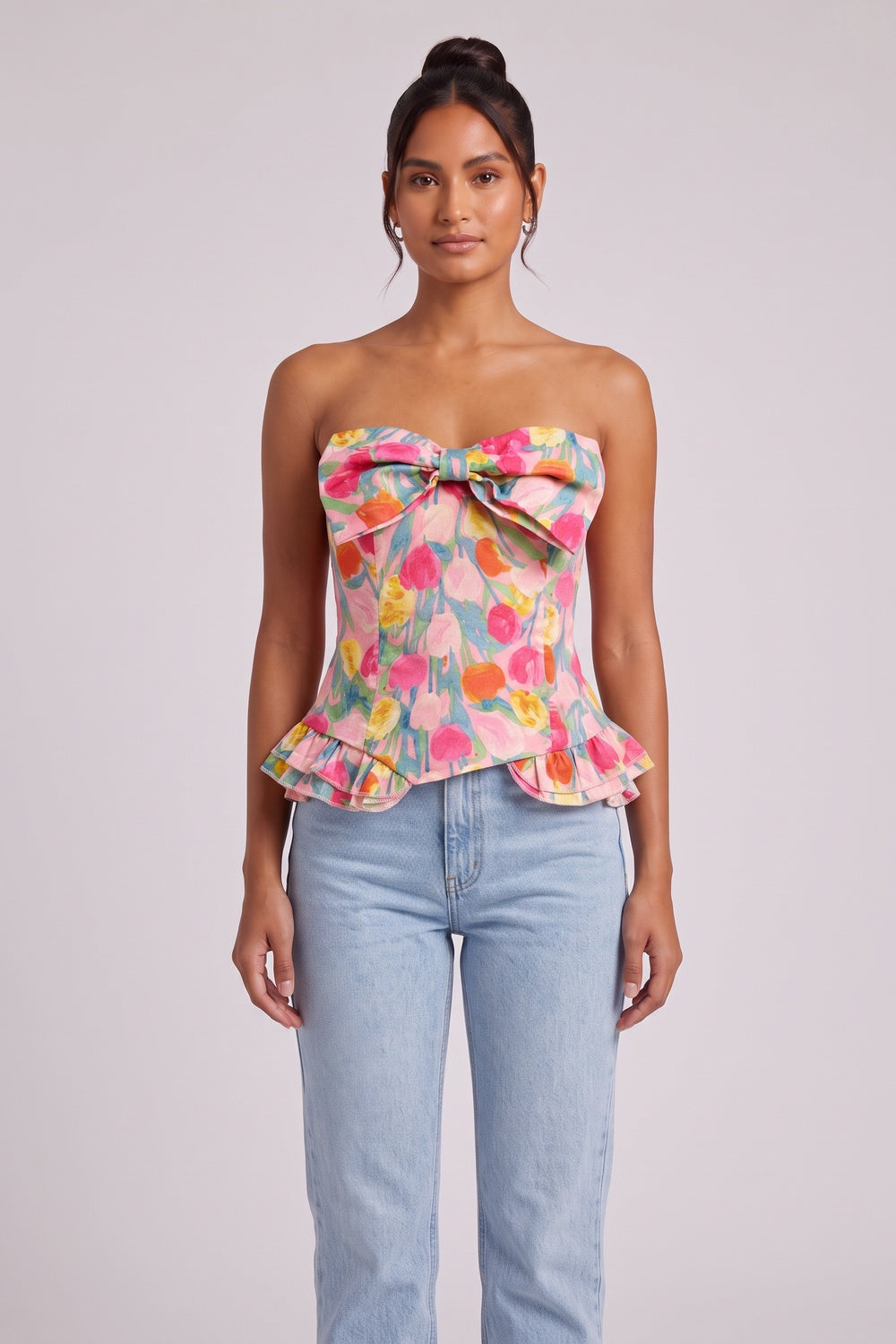 Pink Floral Strapless Corset Top with Peplum Flowering Girl