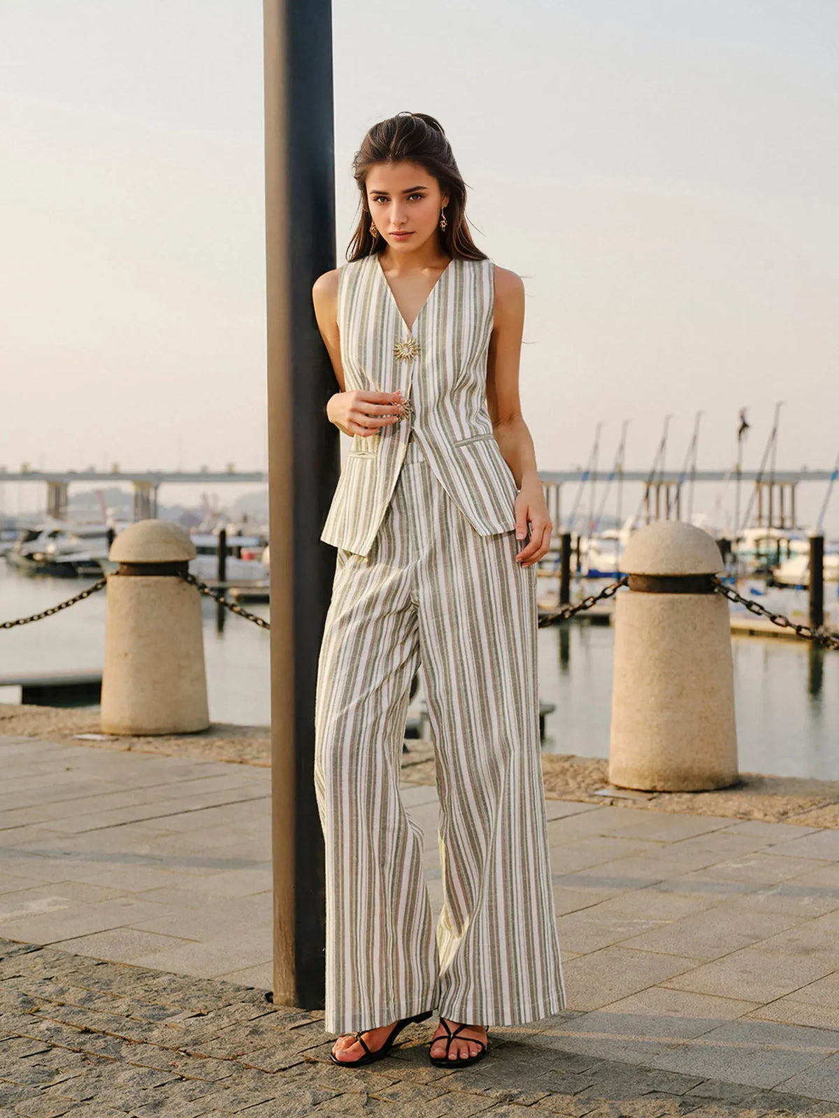 Green White Stripe Linen Sleeveless V-Neck Vest & Wide Leg Pants Two-Piece Set Flowering Girl