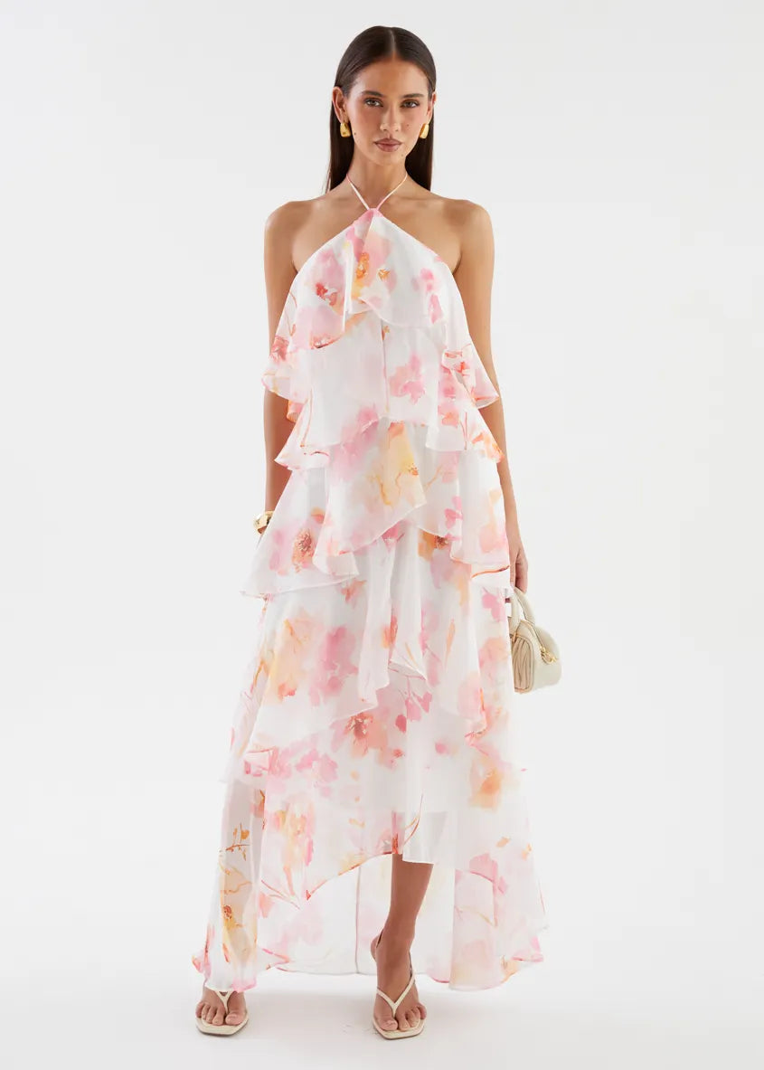 Floral Print Layerhalter Maxi Dress - Pink Floral Flowering Girl