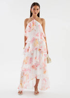 Floral Print Layerhalter Maxi Dress - Pink Floral Flowering Girl