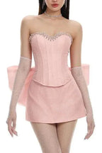 Back Bowknot Embellished Skirt Suit In Pink Flowering Girl