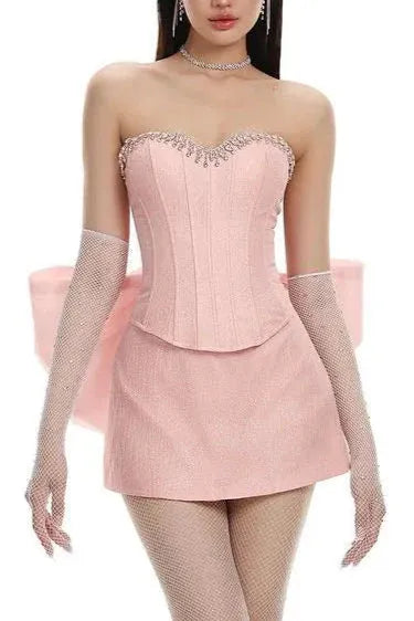 Back Bowknot Embellished Skirt Suit In Pink Flowering Girl