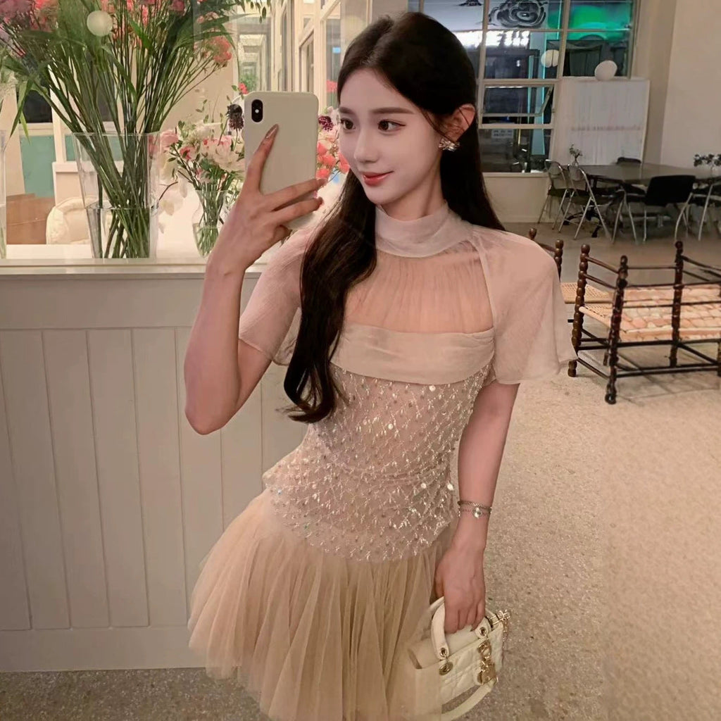 Sheer Mesh Rhinestone High Neck Tulle Mini Dress Flowering Girl