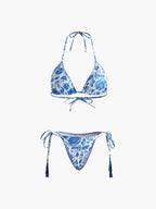 Printed Tasseled Adjustable Strap Bikini Set Flowering Girl