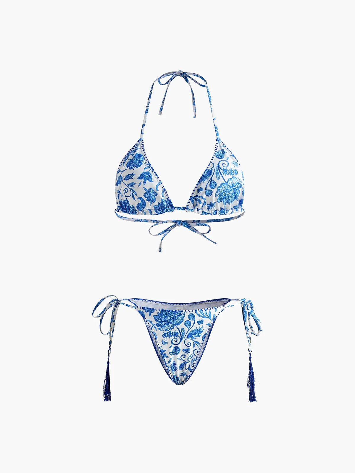 Printed Tasseled Adjustable Strap Bikini Set Flowering Girl