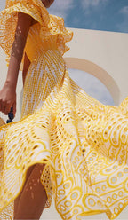 Ruffle Cold Shoulder Midi Dress In Yellow Flowering Girl