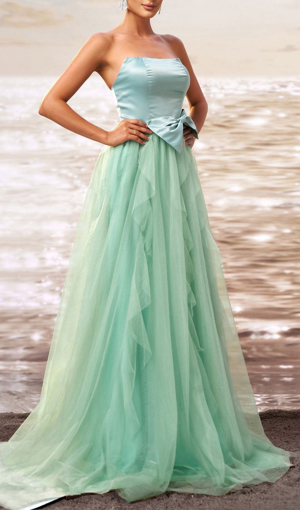 Dafna Mint Strapless Bow Mesh Maxi Dress Flowering Girl