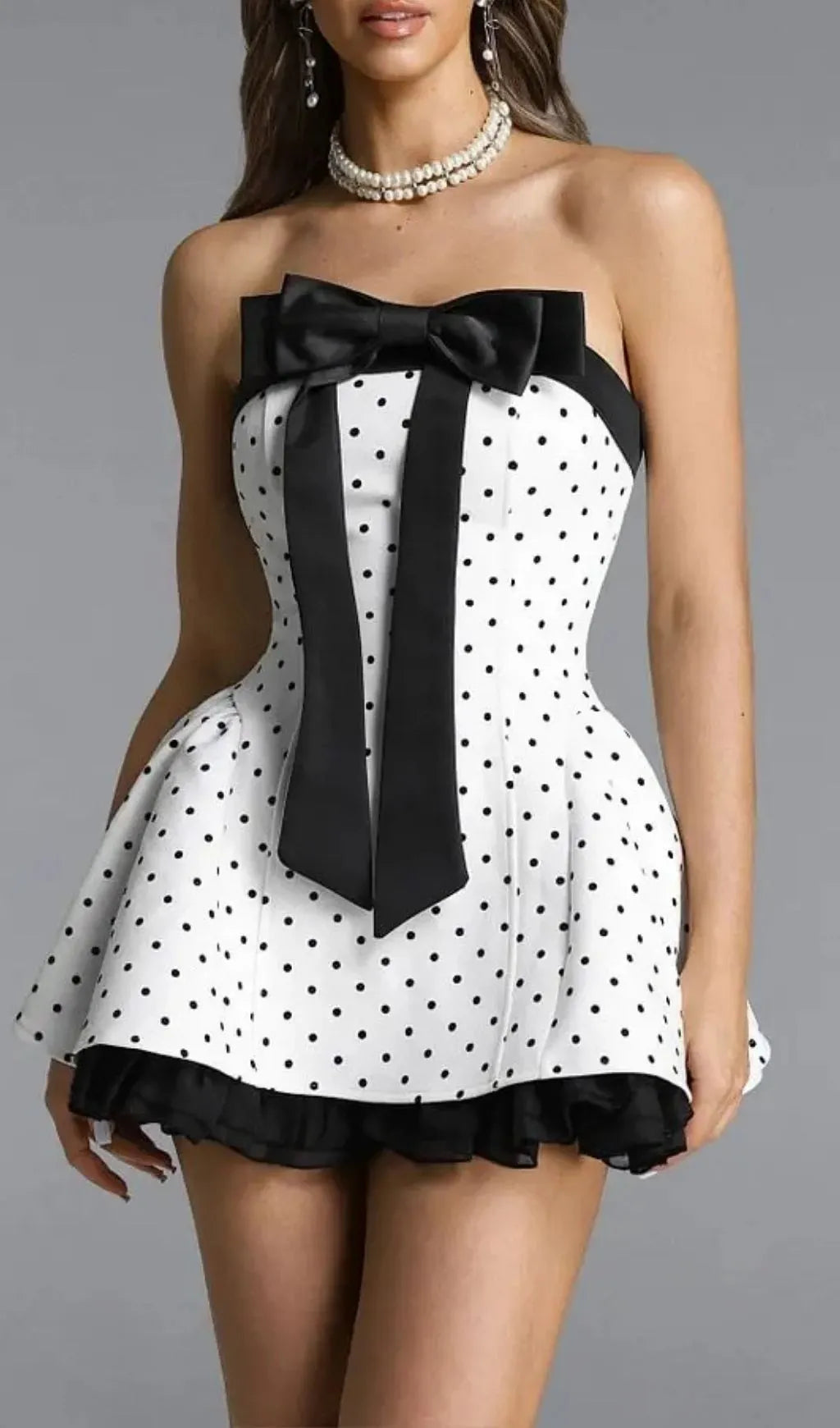Octavia White Bow Polka Dot Woven Strapless Mini Dress Flowering Girl