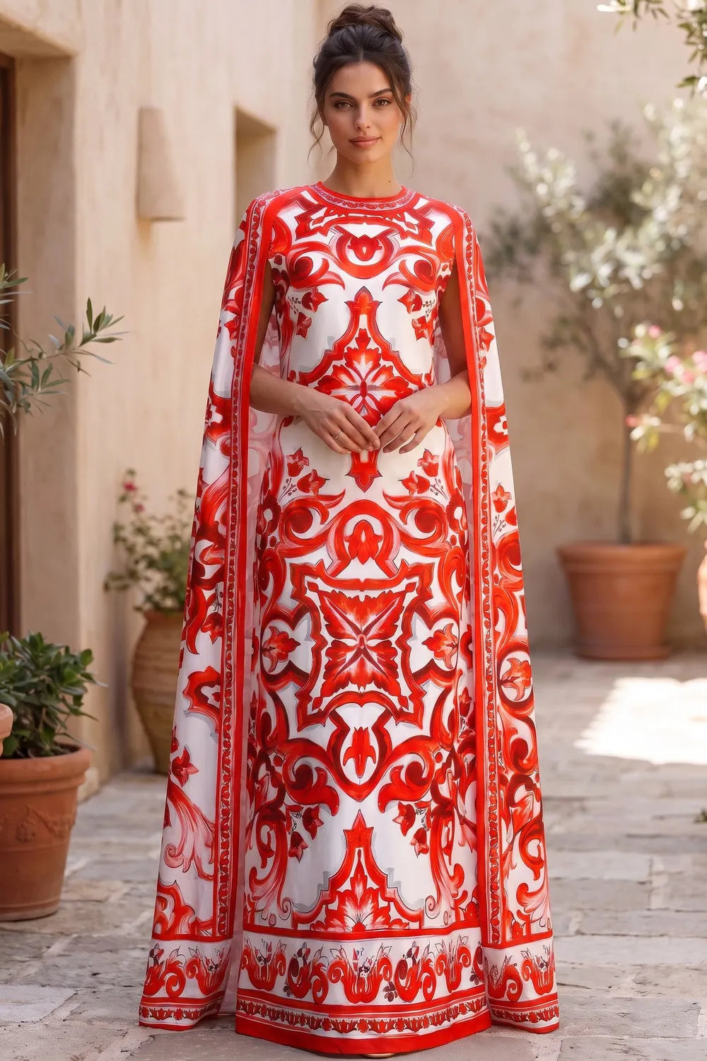 White Majolica Tile Print Cape Dress Flowering Girl
