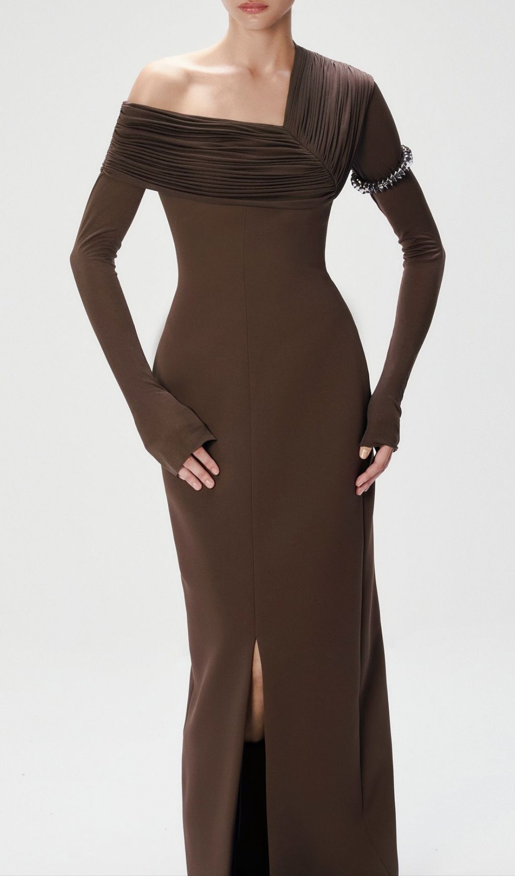 Katelynn Coffee Long Sleeve Ruched Maxi Dress Flowering Girl