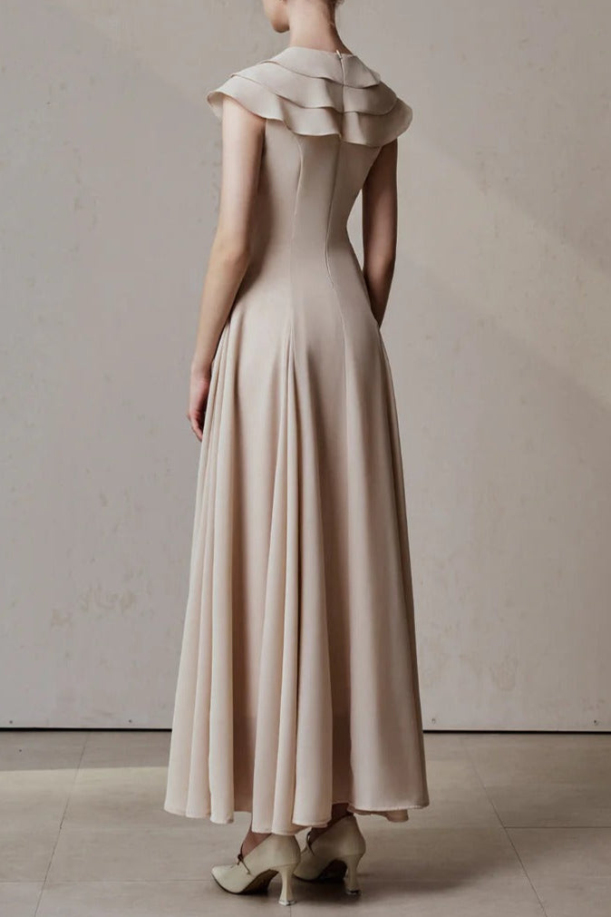 A-Line Jewel Neck Viscose Ankle Maxi Dress In Beige Flowering Girl