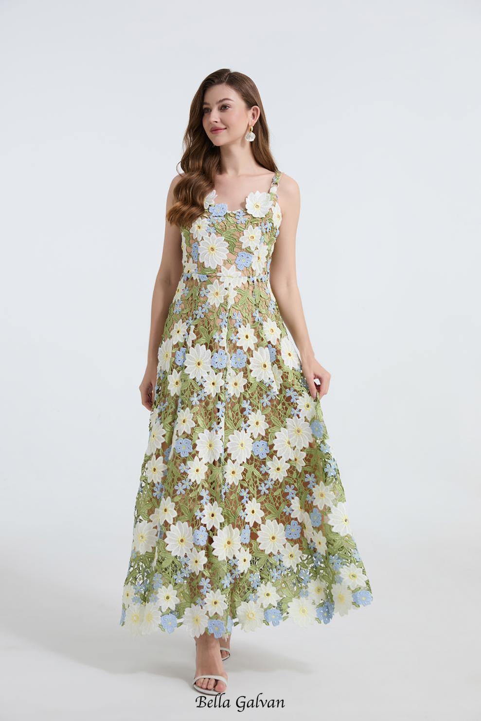 celeste floral hollow stitching maxi dress in green Flowering Girl